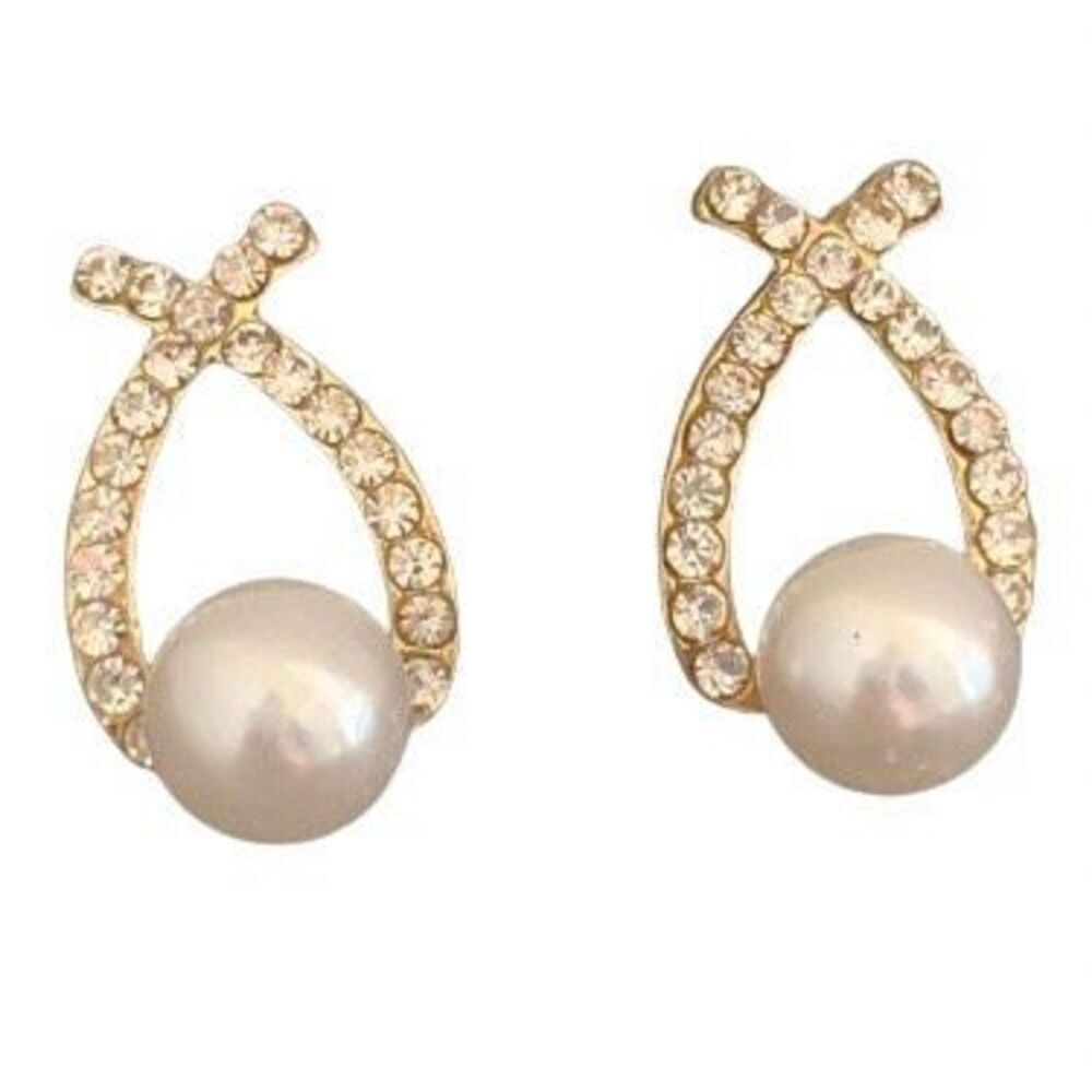 Criss Cross Faux Pearl & Crystal Gold Tone Earrings